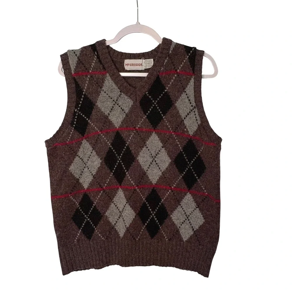 Vtg McGregor Argyle‎ Sweater Vest XL Brown Wool Blend Dark Academia Grandpa Core